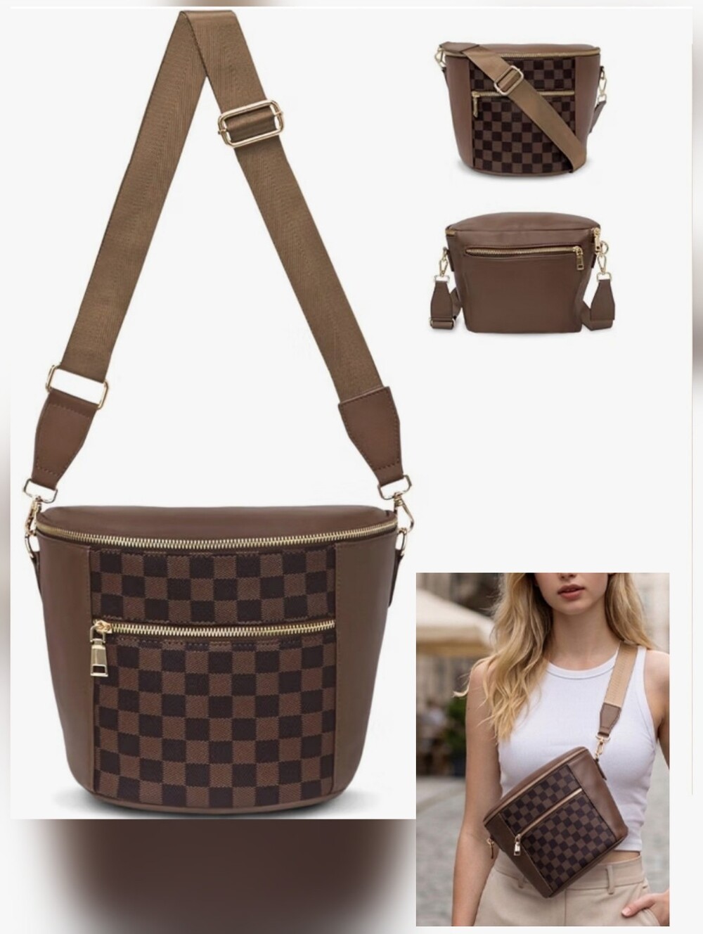 Checker-Panel Brown Crossbody Bag with Front Zip Pocket